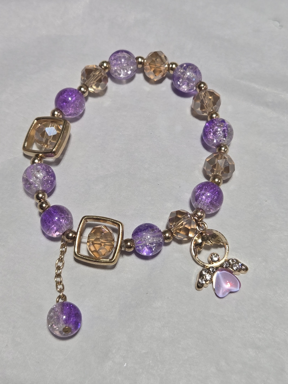 10mm- Gold-Tone Purple & Champagne Beaded Charm Bracelet- For 1